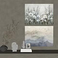 Two Canvas Paintings With Floral And Mountain Designs Plus Decorative Vase And Statue