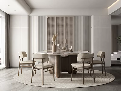 Modern Neutral Dining Room Interior With Wooden Table Beige Chairs Textured Wall And Decorative Vases 3d model