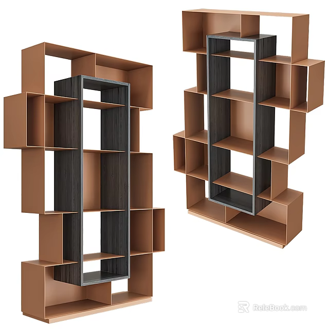 Modern Geometric Shelving Unit With Open Structure And Brown Black Finish 3d model 