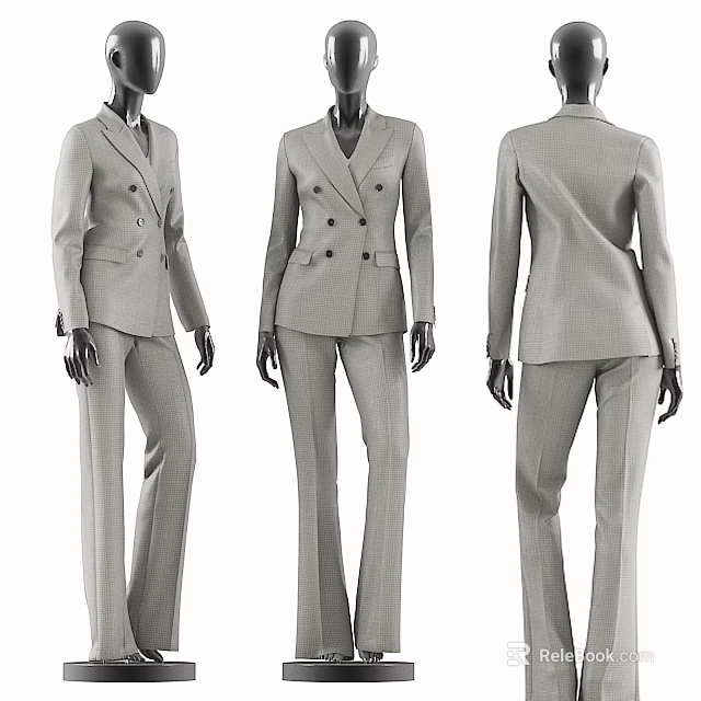 Model Showcasing Gray Double Breasted Suit Set Front Side Back Views 3d model