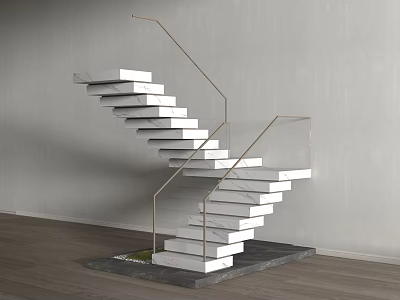 Modern White Staircase With Metal Handrail Gray Wall And Wooden Floor Design 3d model