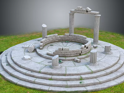 Ancient Circular Stone Platform With Steps Columns And Ruins On Grass 3d model