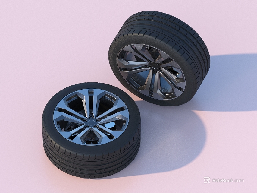 Black Car Tires With Metallic Spoke Wheel Rims And Tread Pattern 3d model 