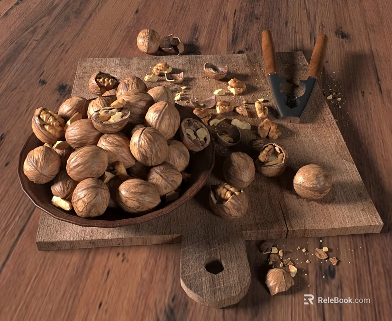 Decorative Wooden Walnut Arrangement with Bowl Nutcracker and Scattered Shells on Cutting Board 3d model 