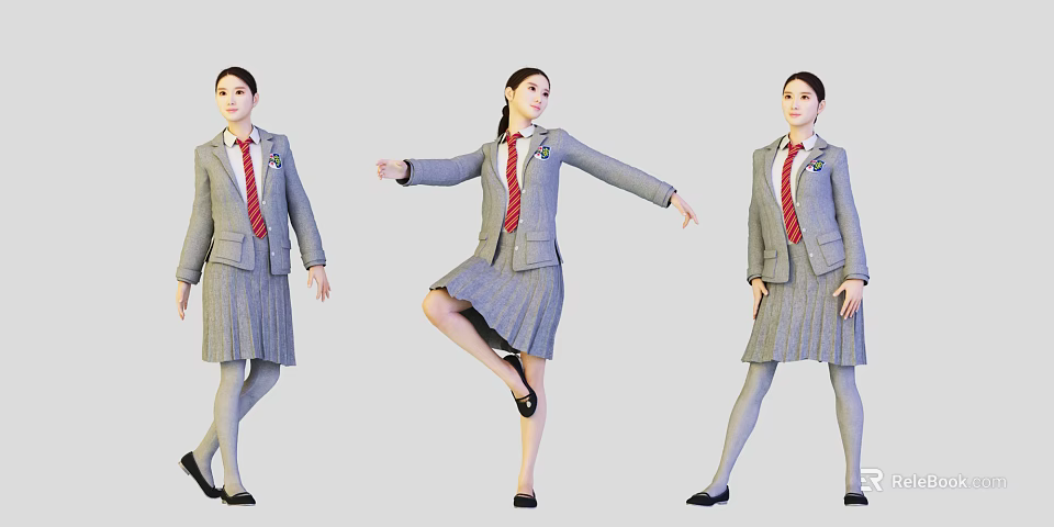 Women In School Uniform Posing In Different Standing Positions 3d model 