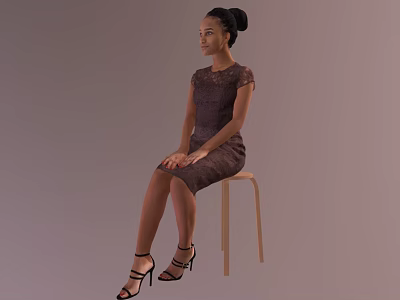 Woman In Dark Lace Dress With Updo Hairstyle Sitting On Wooden Chair In Gray Background 3d model