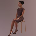 Woman In Dark Lace Dress With Updo Hairstyle Sitting On Wooden Chair In Gray Background