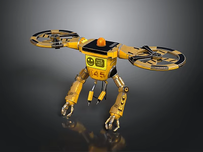Yellow Robot Drone With Mechanical Legs Propellers Claws And Display Screen 3d model
