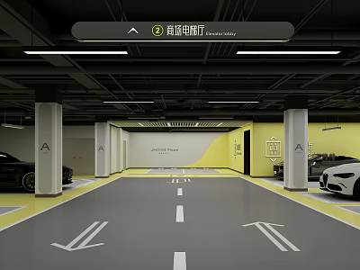 Modern Spacious Parking Garage With Electric Vehicle Area Arrow Signs And Parked Cars 3d model