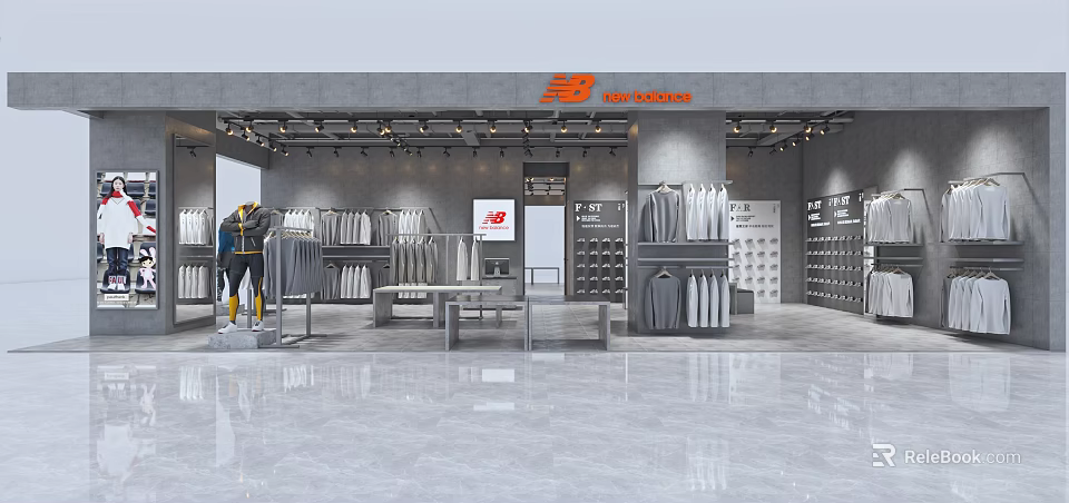 Modern Clothing Store With Gray Decoration Orange Logo Display Racks Mannequins And Display Area 3d model 