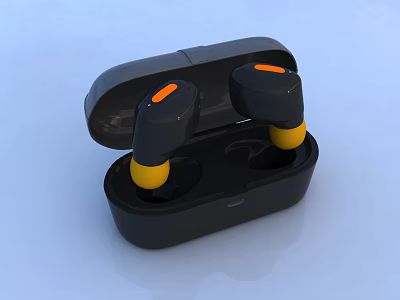 True Wireless Earbuds Black Charging Case with Orange Buttons and Yellow Ear Tips 3d model