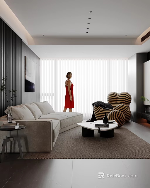 Modern Living Dining Room Interior With Sofa Striped Armchair Floor To Ceiling Windows And Coffee Table 3d model 