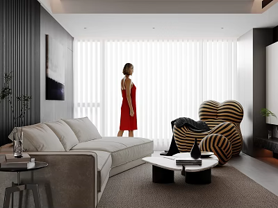 Modern Living Dining Room Interior With Sofa Striped Armchair Floor To Ceiling Windows And Coffee Table 3d model