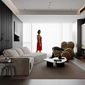 Modern Living Dining Room Interior With Sofa Striped Armchair Floor To Ceiling Windows And Coffee Table