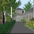 Detached Villa With Landscaped Garden Palm Trees Entrance Pathway Stone Pillars And Decorative Gate