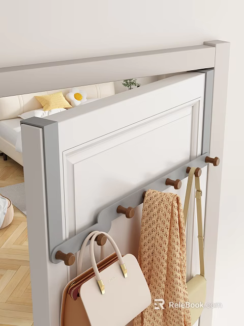 Over Door Wooden Coat Hanger with Hanging Towel and Bag Hooks Near Living Room Sofa 3d model 