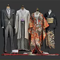 Traditional Clothing Mannequins Display Various Styles Including Suit And Kimono