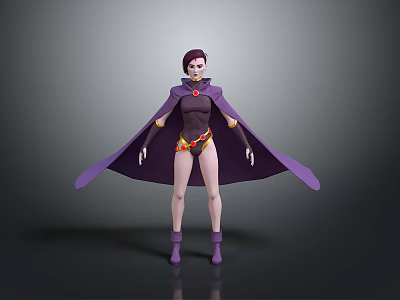 Woman With Purple Hair And Cape Wearing Dark Bodysuit Gold Trimmed Belt And Purple Boots 3d model