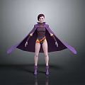 Woman With Purple Hair And Cape Wearing Dark Bodysuit Gold Trimmed Belt And Purple Boots