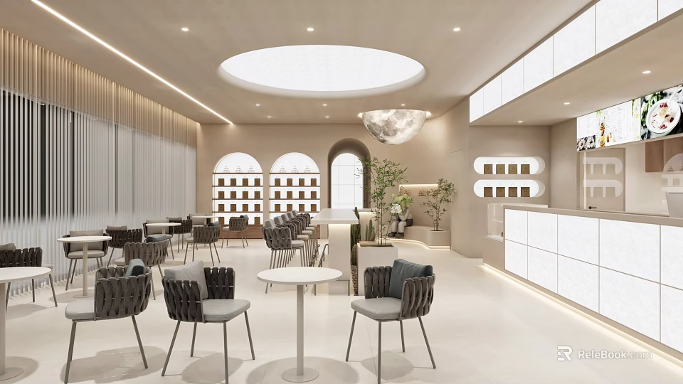 Modern Café Interior Design With Circular Skylight Arched Doorways White Counter And Chairs 3d model 