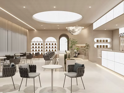Modern Café Interior Design With Circular Skylight Arched Doorways White Counter And Chairs 3d model