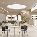 Modern Café Interior Design With Circular Skylight Arched Doorways White Counter And Chairs