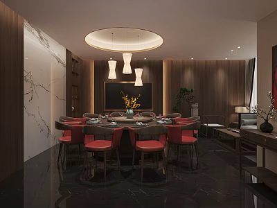 Chinese Style Private Dining Room Interior With Round Table Red Chairs And Wooden Decor 3d model