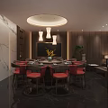 Chinese Style Private Dining Room Interior With Round Table Red Chairs And Wooden Decor