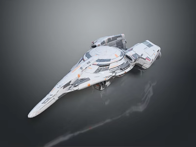 Futuristic Spaceship 3D Model With Streamlined Design White Gray Orange Details On Dark Reflective Background 3d model