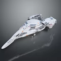 Futuristic Spaceship 3D Model With Streamlined Design White Gray Orange Details On Dark Reflective Background
