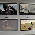 Four Projector Screens Displaying Various Scenes Including Dramatic Figures Mountain Dining And Desert 3d model