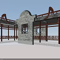 Chinese Traditional Pavilion With Wooden Structure Upturned Eaves Roof And Circular Brick Window