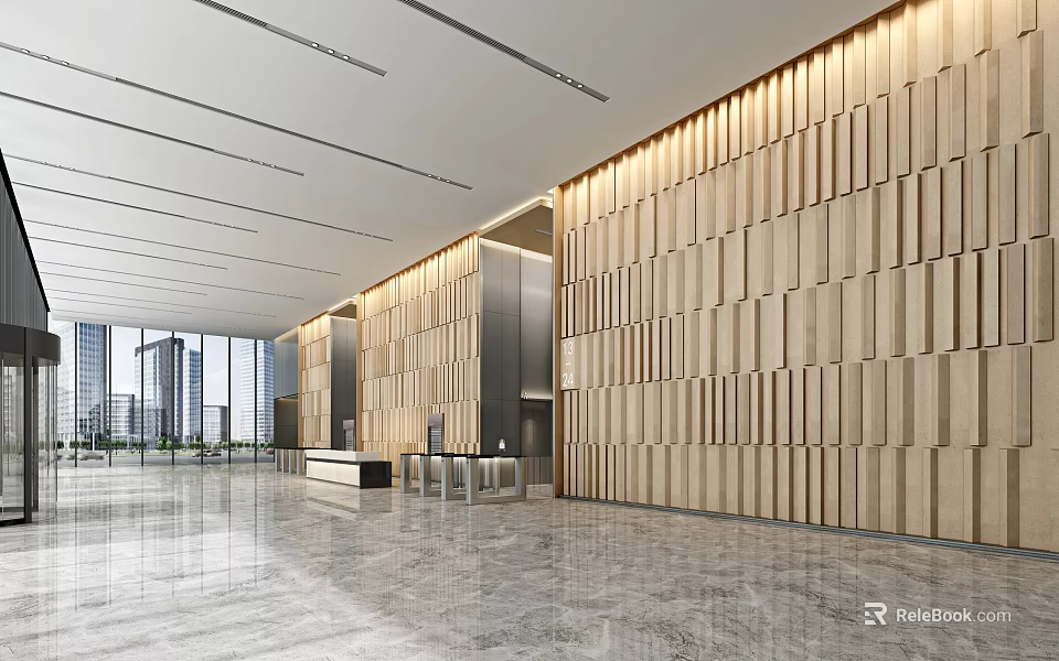 Modern Reception Desk In Lobby With Wooden Wall Panels And Marble Flooring 3d model 