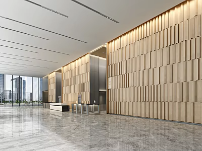 Modern Reception Desk In Lobby With Wooden Wall Panels And Marble Flooring 3d model