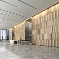 Modern Reception Desk In Lobby With Wooden Wall Panels And Marble Flooring