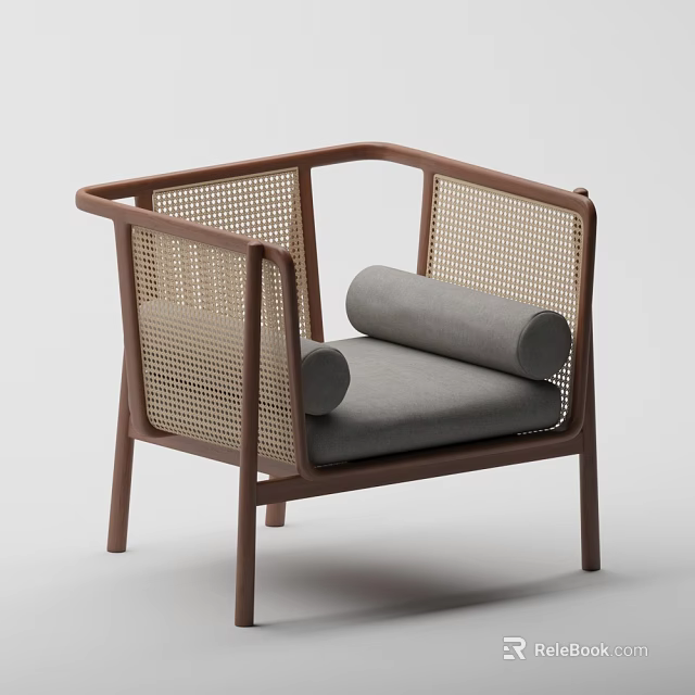 Single Sofa With Wooden Frame Rattan Weave Back And Gray Cushion 3d model 