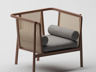 Single Sofa With Wooden Frame Rattan Weave Back And Gray Cushion 3d model