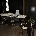 Modern Office Interior Design With Black Furniture Wooden Flooring Desk Chairs And Decorative Artwork