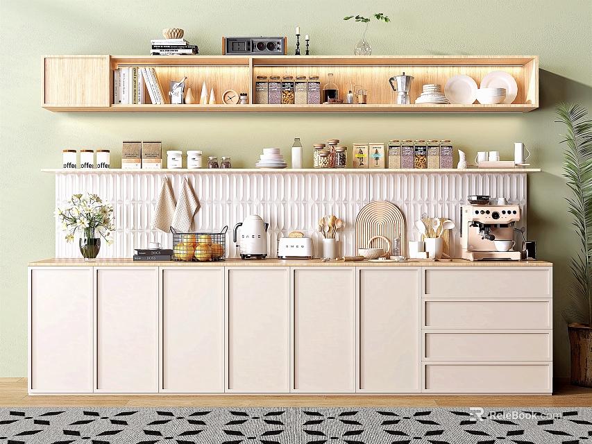 Modern Kitchen With Dinnerware Set Displayed On Cabinets And Shelves 3d model 