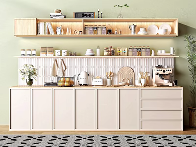 Modern Kitchen With Dinnerware Set Displayed On Cabinets And Shelves 3d model