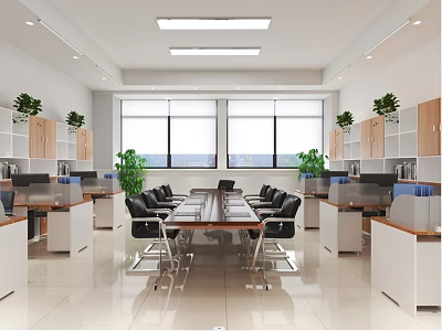 Modern Office Interior Design With Desks Chairs Windows Plants And Wooden Cabinets 3d model
