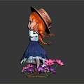 Cute Red Hair Girl In Straw Hat And Blue Dress Among Pink White Purple Flowers