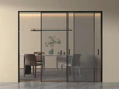 Black Glass Sliding Doors In Modern Dining Room With Table Chairs Vase And Pendant Light 3d model