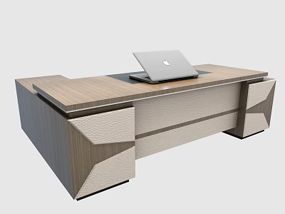 Modern Design Office Desk With Wooden Top Leather Sides And Laptop 3d model