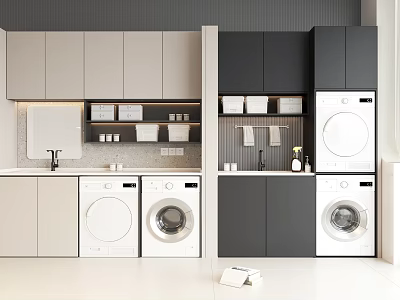 Elegant Modern Bathroom Interior With Cabinet Rack Washing Machines Mirror Sink And Storage 3d model