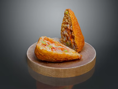 Golden Fried Stuffed Pastry Sliced Open With Mixed Vegetables On Wooden Plate 3d model