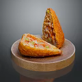 Golden Fried Stuffed Pastry Sliced Open With Mixed Vegetables On Wooden Plate