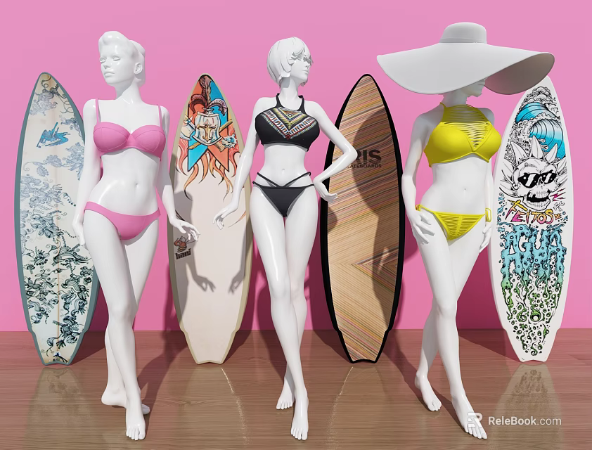 Model In Bikini Posing With Surfboards Against Pink Wall And Wooden Floor 3d model 