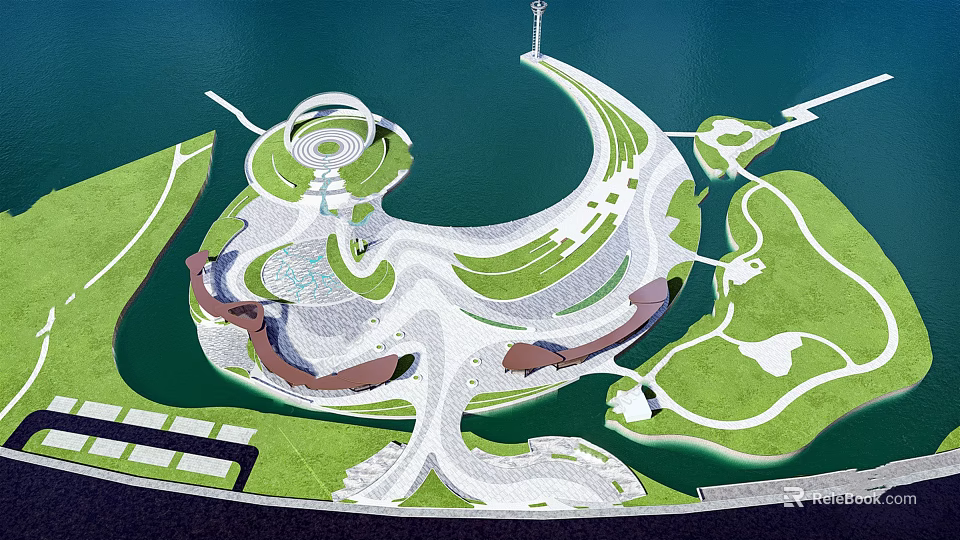 Waterfront Landscape Design With Curved Pathways Green Lawns And Water Area 3d model 