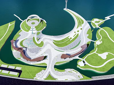 Waterfront Landscape Design With Curved Pathways Green Lawns And Water Area 3d model